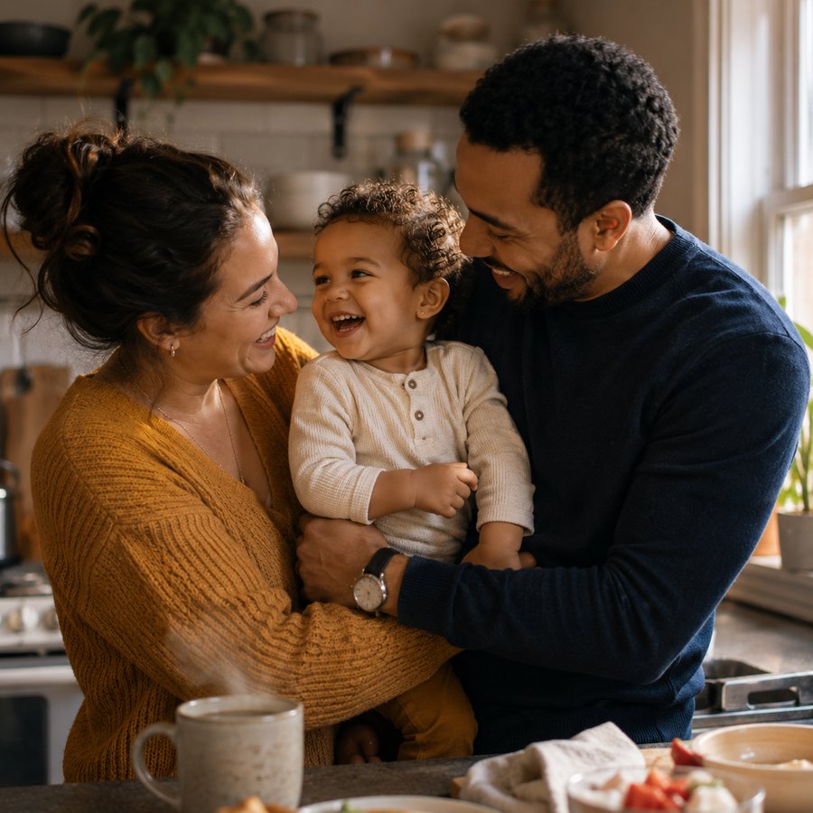 Two parents holding their giggling toddler in a warm kitchen